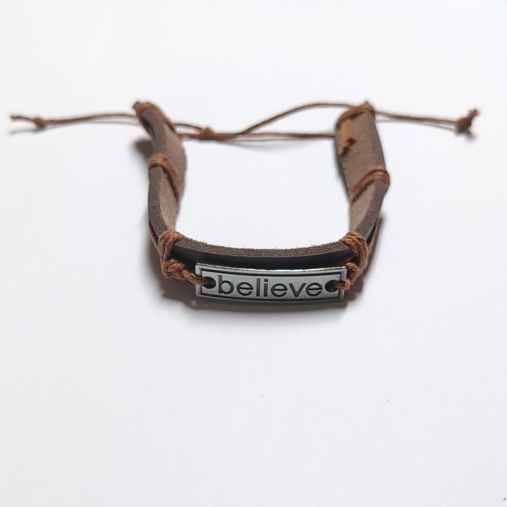96 Brown Leather with Silver Plated Engraved Believe Adjustable Slider Bracelet‎